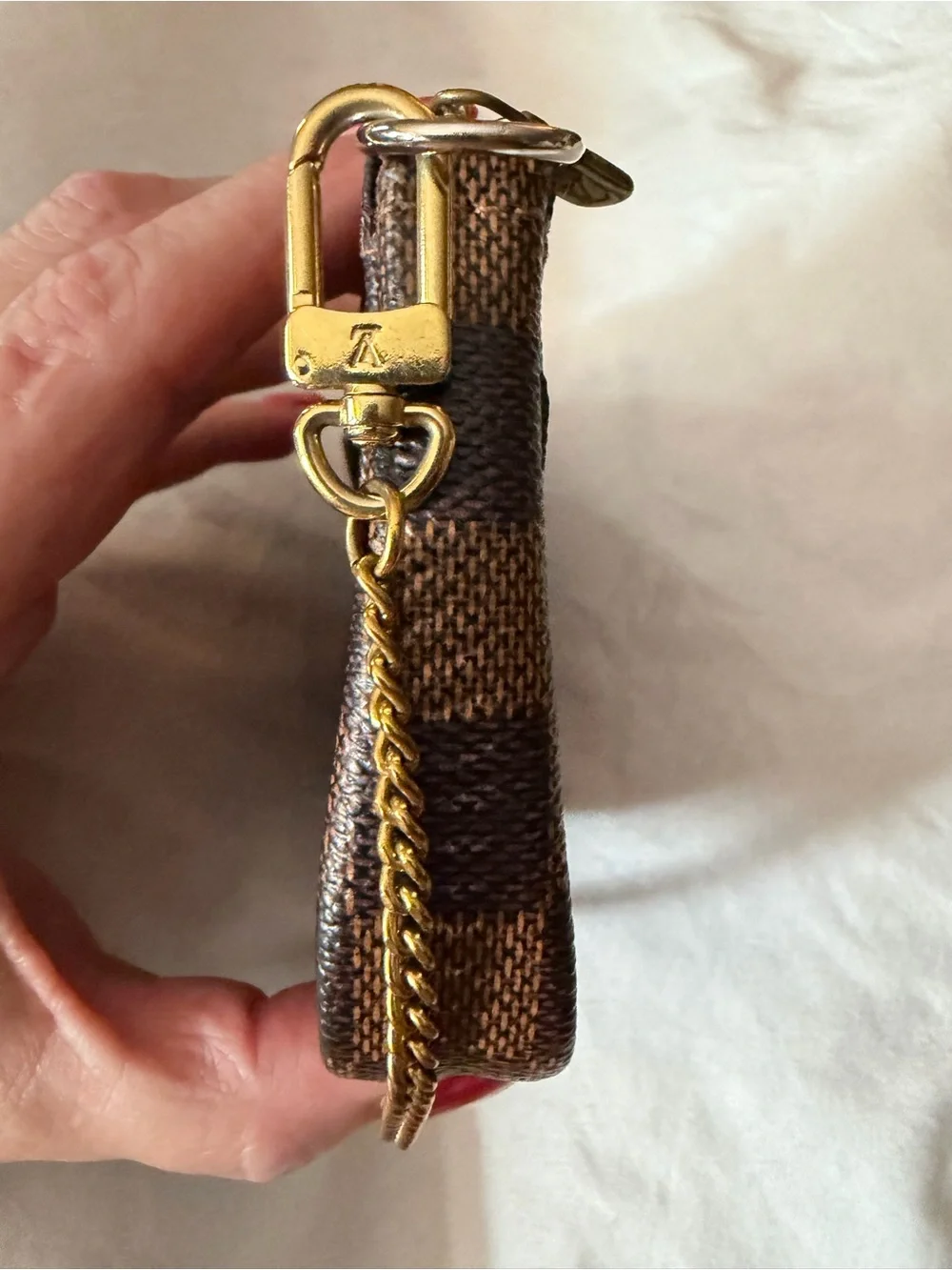 Louis Vuitton Trunks & Bags Damier Ebene Mini Pochette w/LV Branded Chain Strap